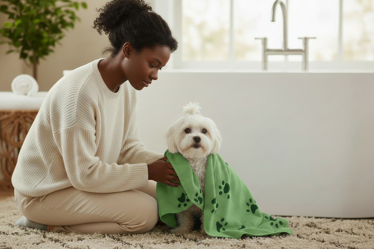 Black woman drying dog with green towel