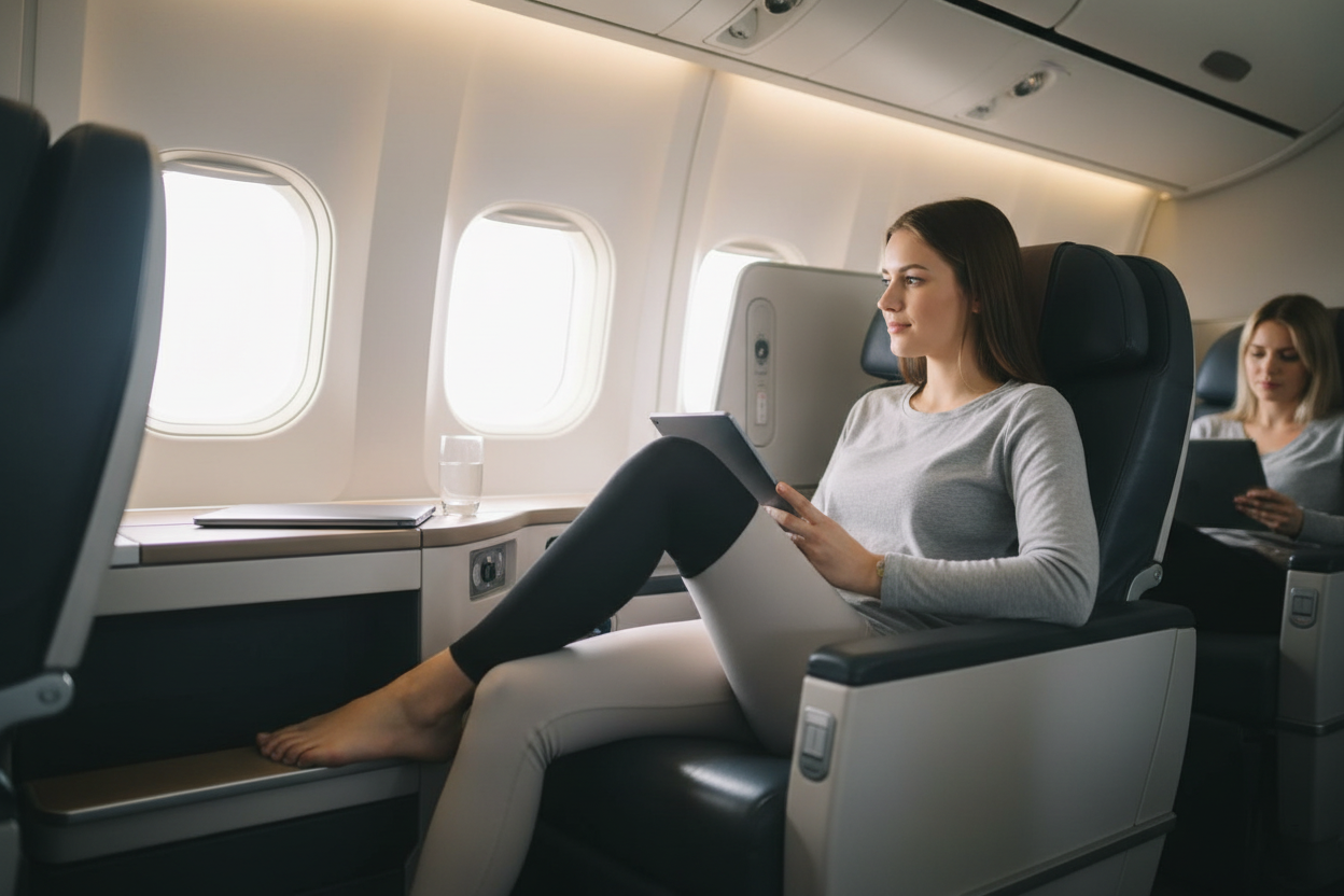 Person on plane with compression sleeves