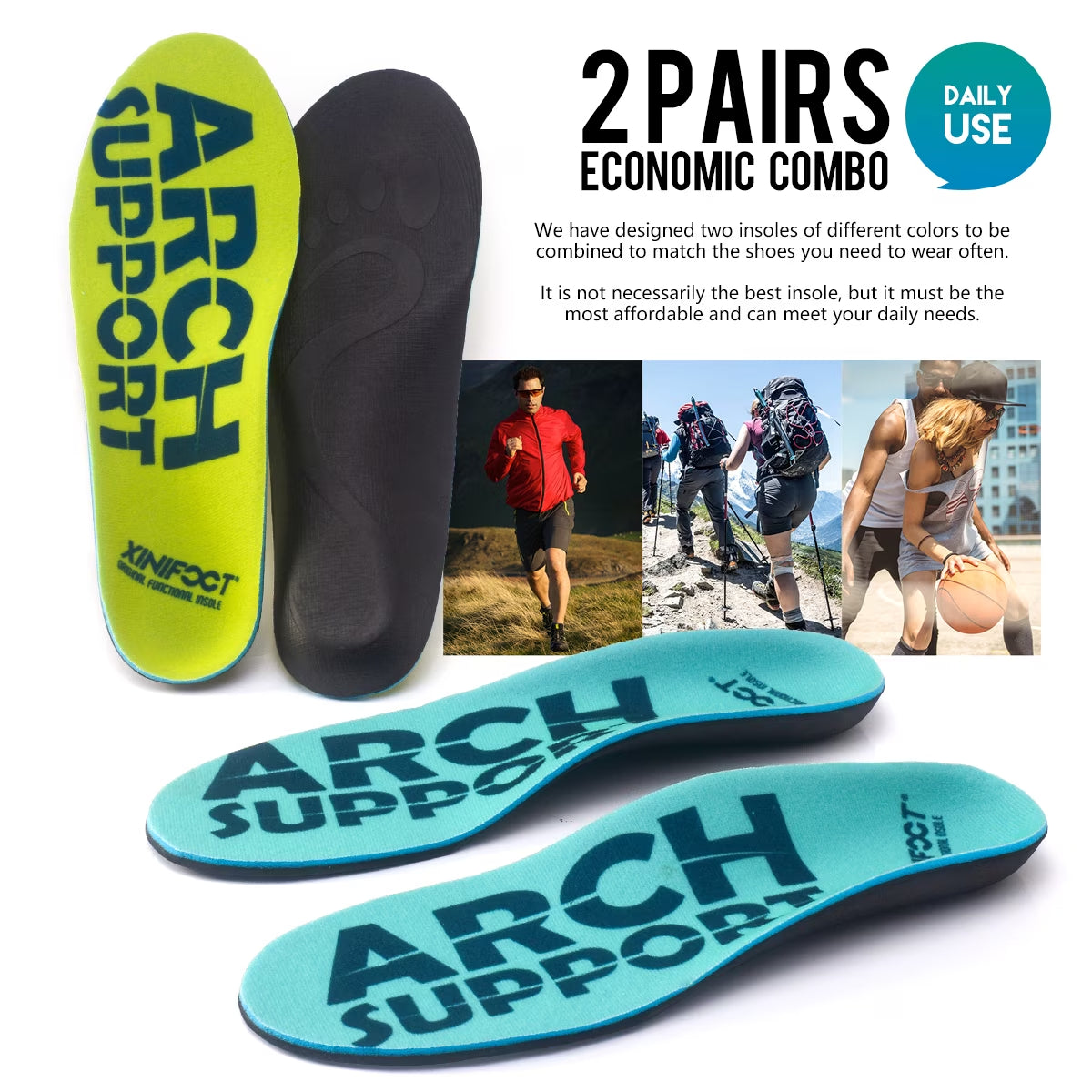 Arch Support Orthotic Insoles - 2 Pairs for Men