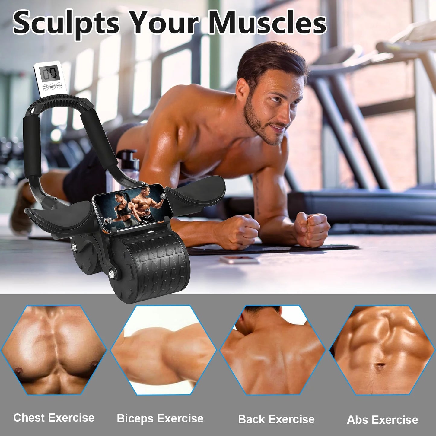 2025 New with timer Ab Abdominal Exercise Roller Elbow Support, abs roller wheel core exercise equipment, Automatic Rebound Abdominal Wheel(Black）