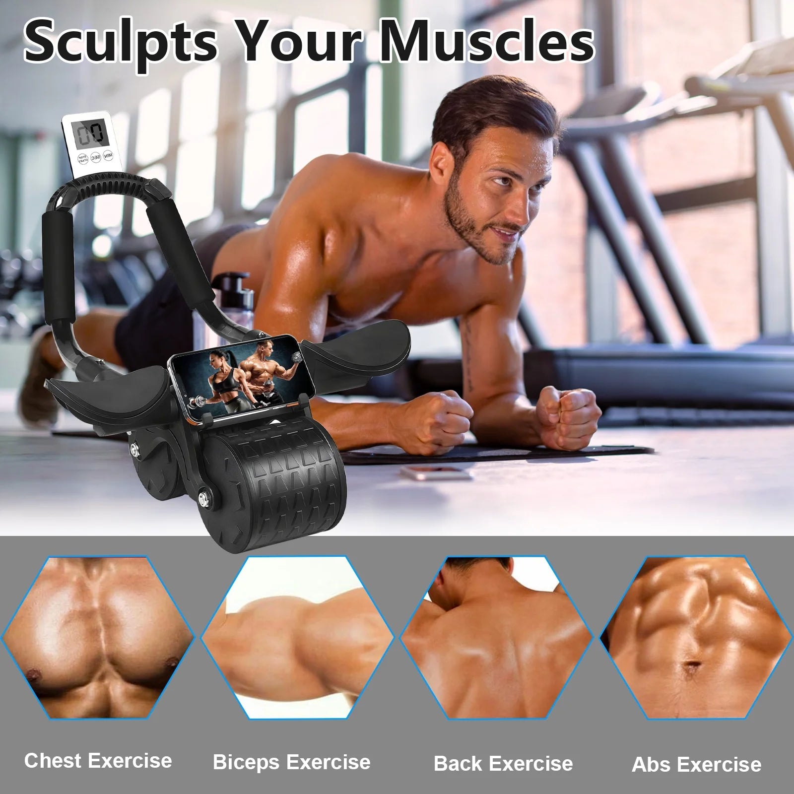 2025 New with timer Ab Abdominal Exercise Roller Elbow Support, abs roller wheel core exercise equipment, Automatic Rebound Abdominal Wheel(Black）