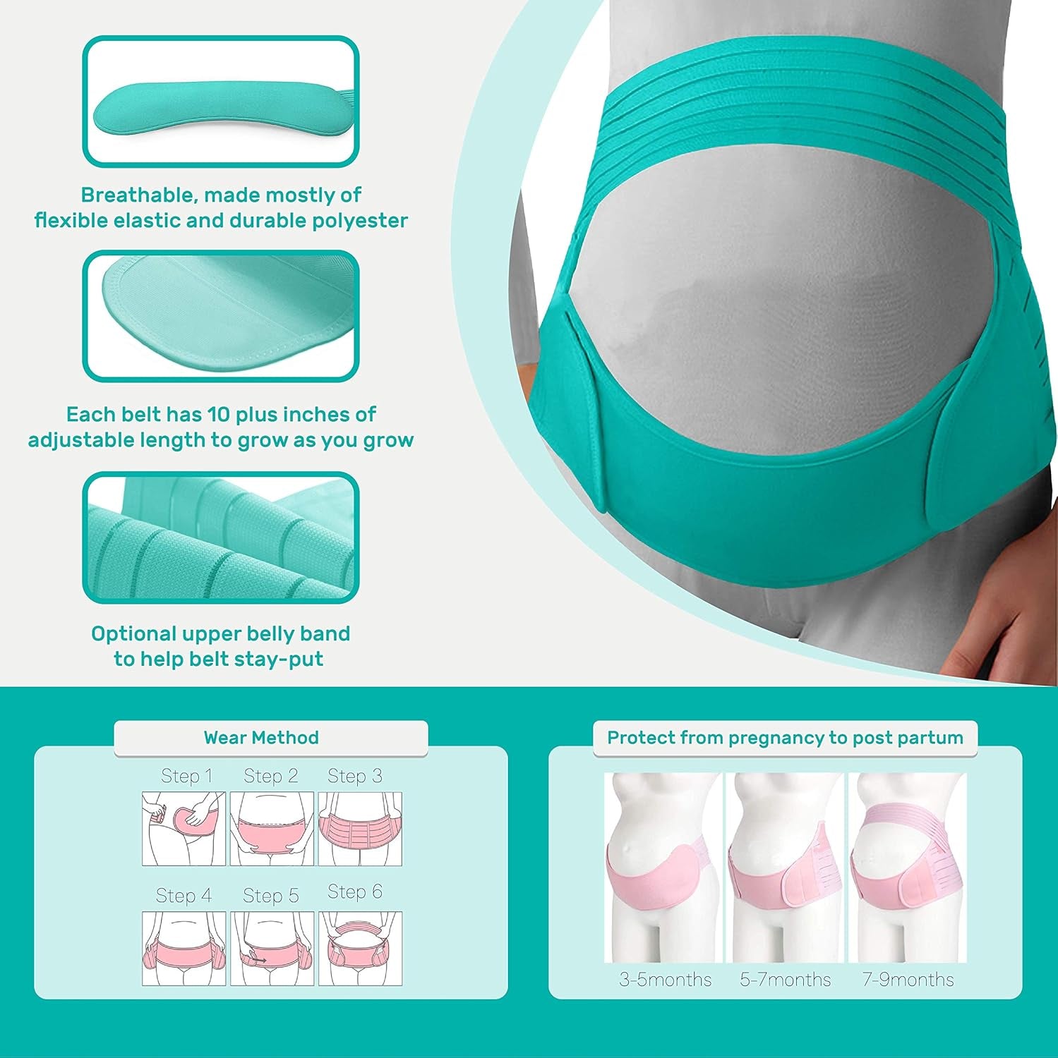 Pregnancy Belly Support Band, Dark Mint Color/Size XL