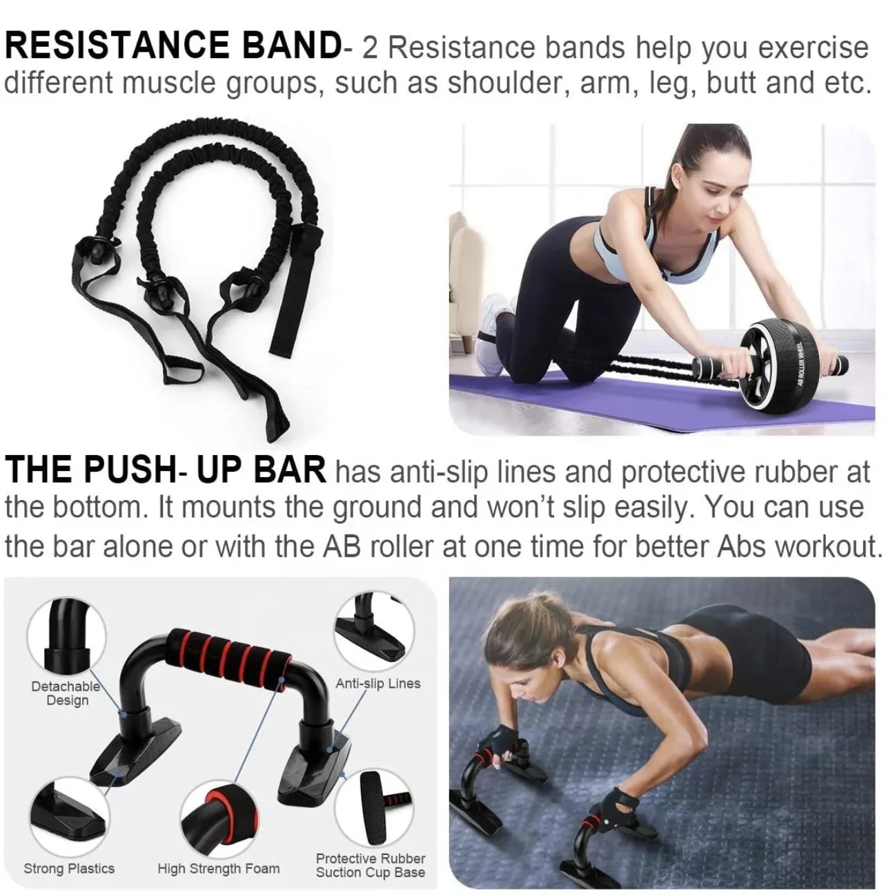 Ab Wheel Workout Equipment Kit with Resistance Bands - Black