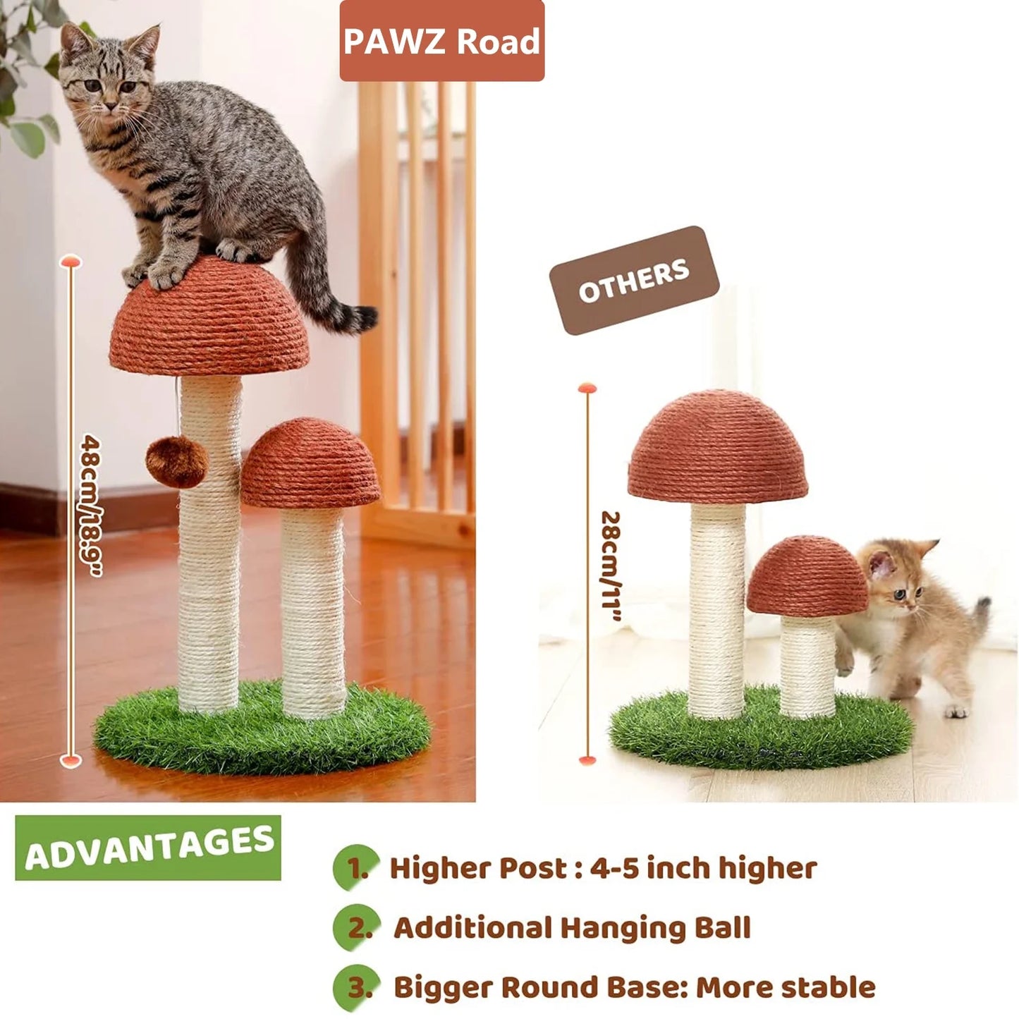 2 Mushrooms Cat Scratching Post 19" - Brown