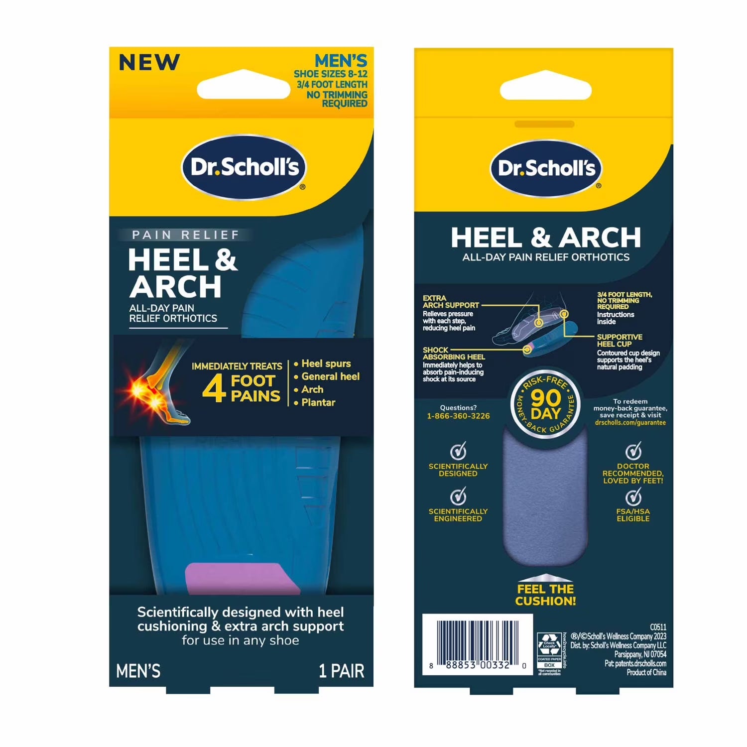 Men's Orthotic Inserts for Heel and Arch Pain Relief, Sizes 8-14