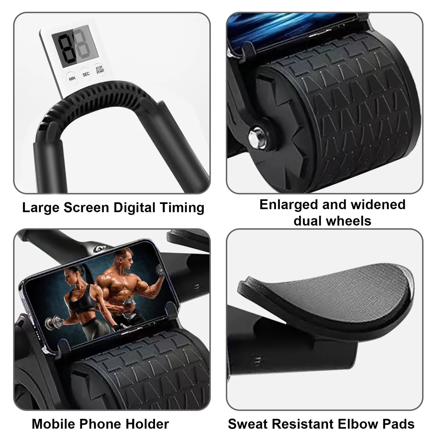 2025 New with timer Ab Abdominal Exercise Roller Elbow Support, abs roller wheel core exercise equipment, Automatic Rebound Abdominal Wheel(Black）