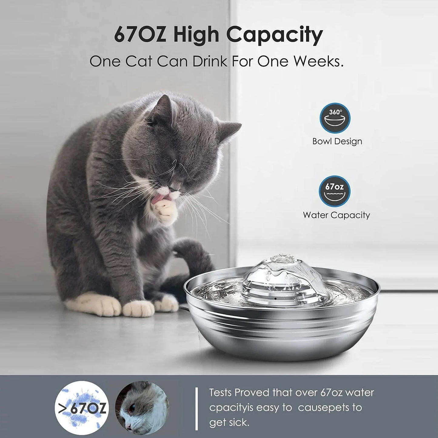 CW-03 Cat Water Fountain 304 Stainless Steel, 2L/68oz, Silver
