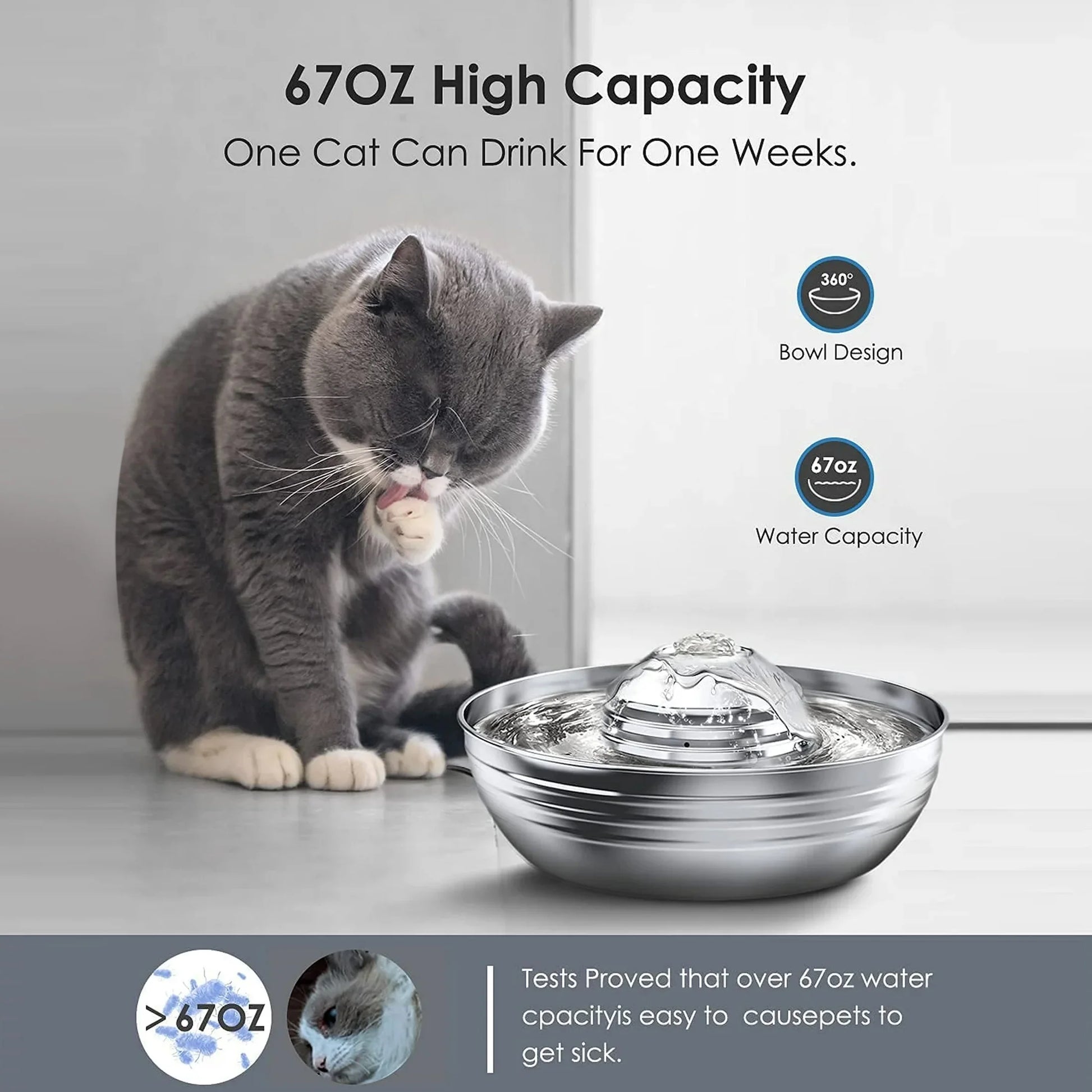 CW-03 Cat Water Fountain 304 Stainless Steel, 2L/68oz, Silver