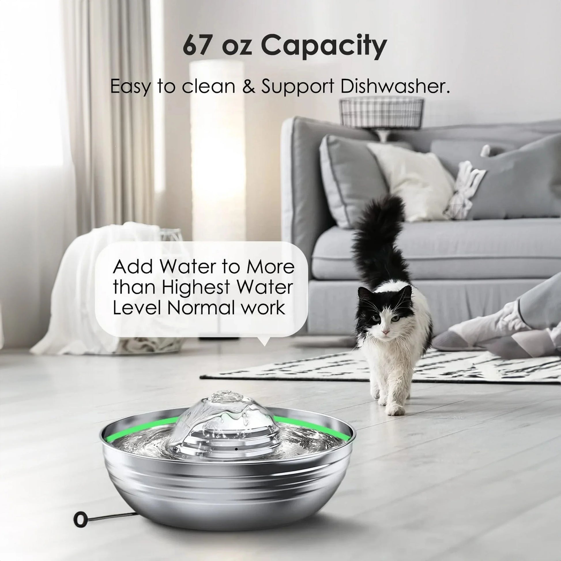 CW-03 Cat Water Fountain 304 Stainless Steel, 2L/68oz, Silver