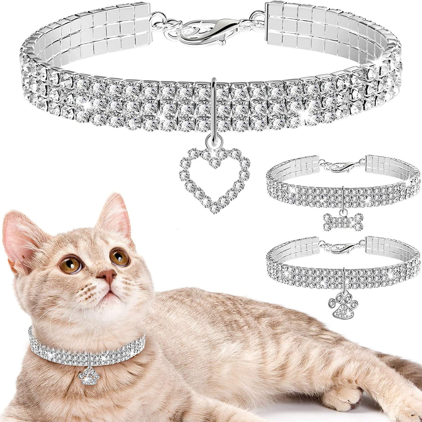3 Pieces Bling Rhinestones Pet Collars for Small Pet Cat Dogs Puppy (White)
