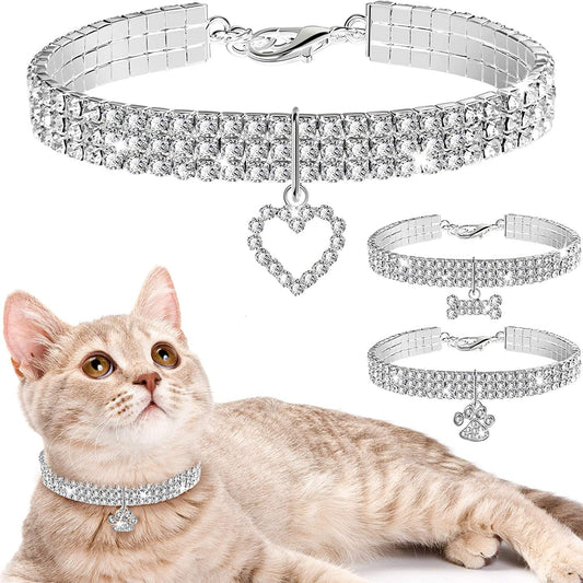 3 Pieces Bling Rhinestones Pet Collars for Small Pet Cat Dogs Puppy (White)