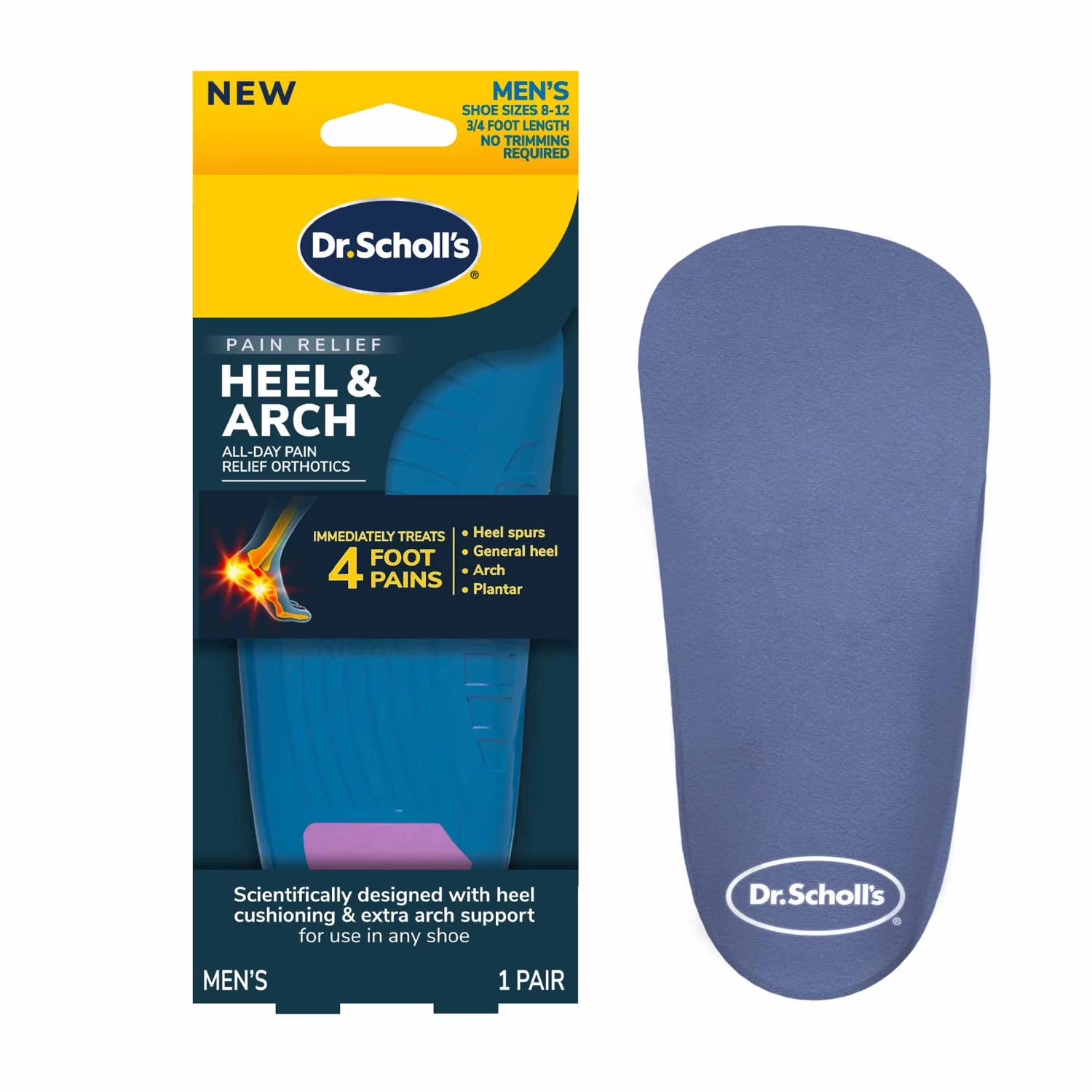 Men's Orthotic Inserts for Heel and Arch Pain Relief, Sizes 8-14
