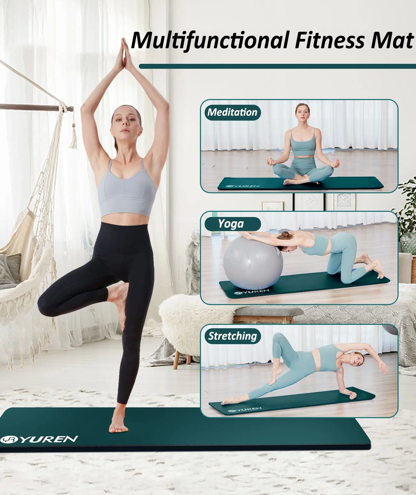 Extra Thick Yoga Mat 1-inch, 76" Long Dark Green