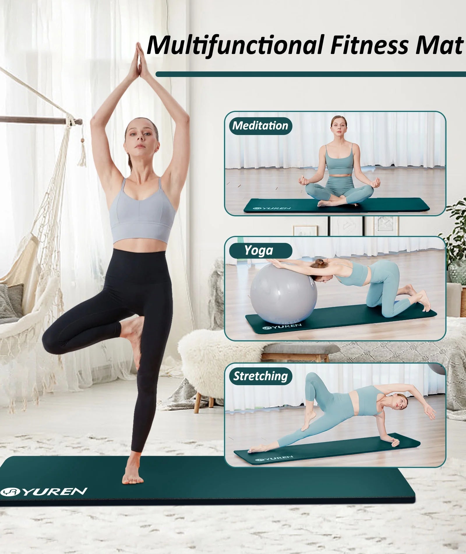 Extra Thick Yoga Mat 1-inch, 76" Long Dark Green