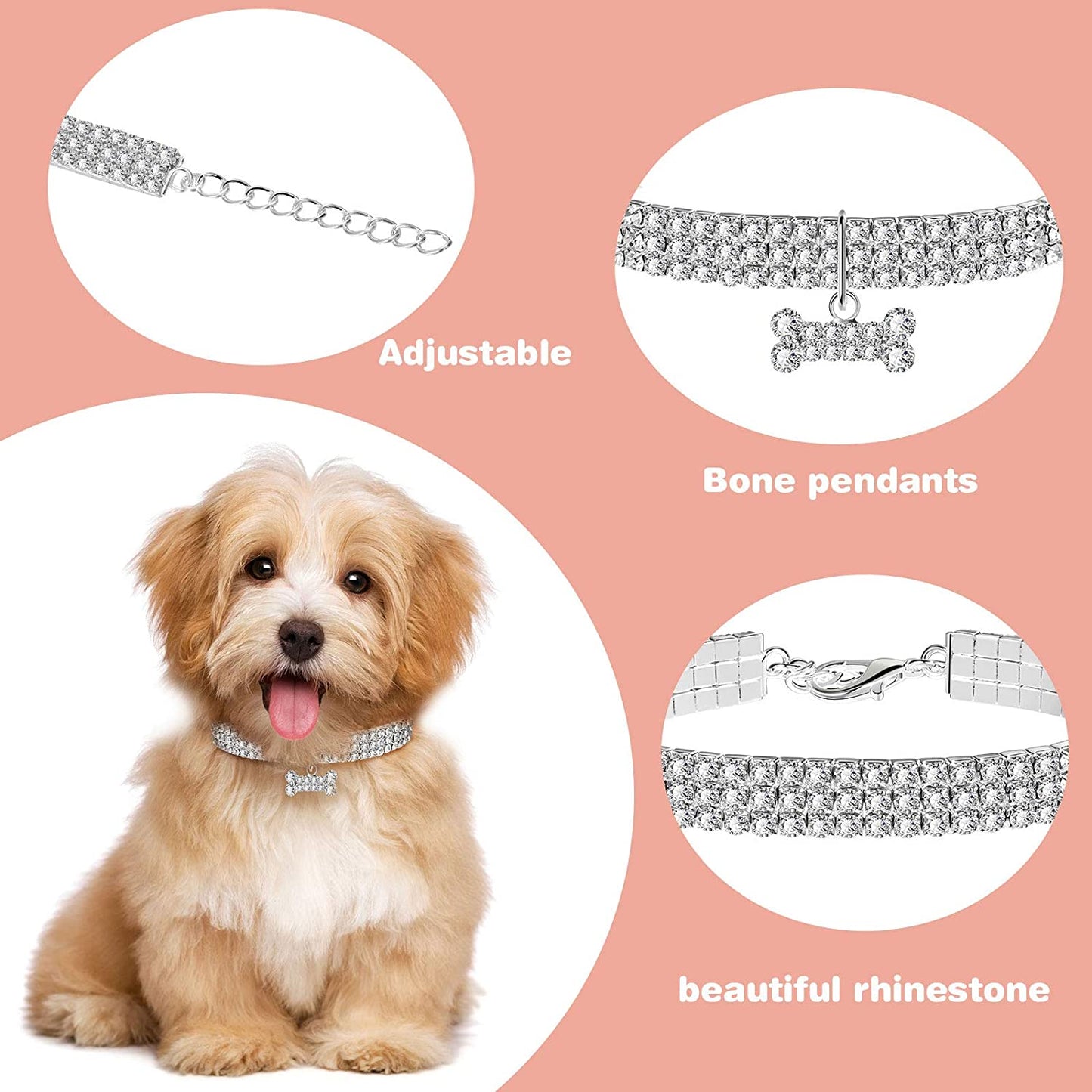 3 Pieces Bling Rhinestones Pet Collars for Small Pet Cat Dogs Puppy (White)