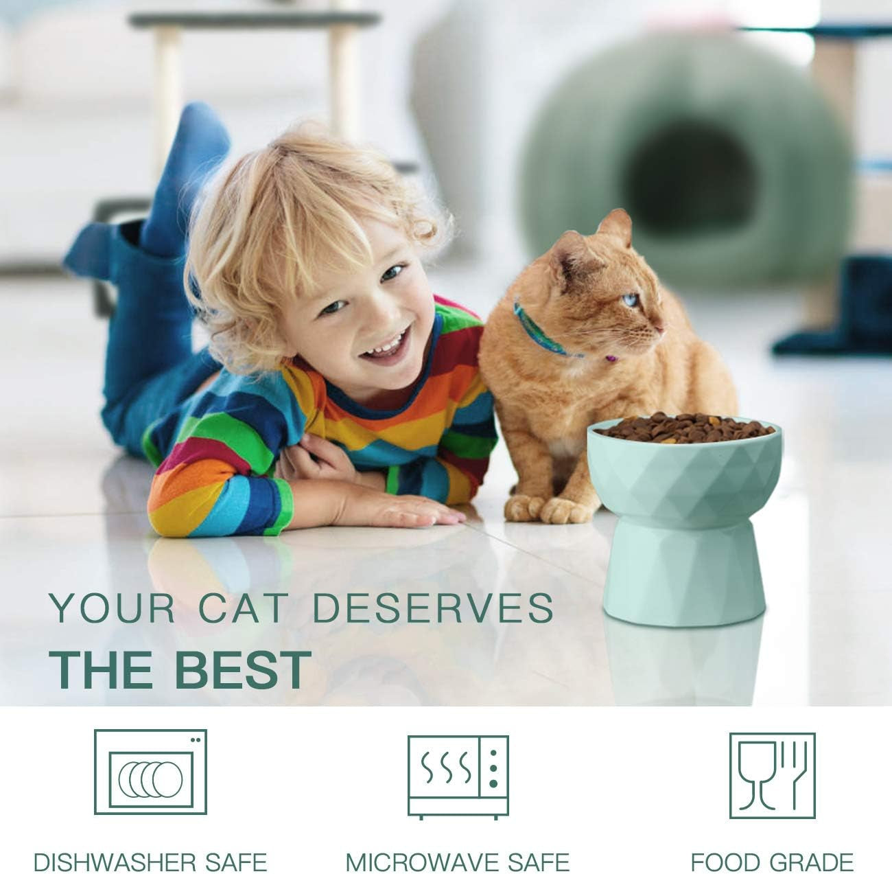 Ceramic Cat Bowls Anti Vomiting, 13.5 Oz,Green