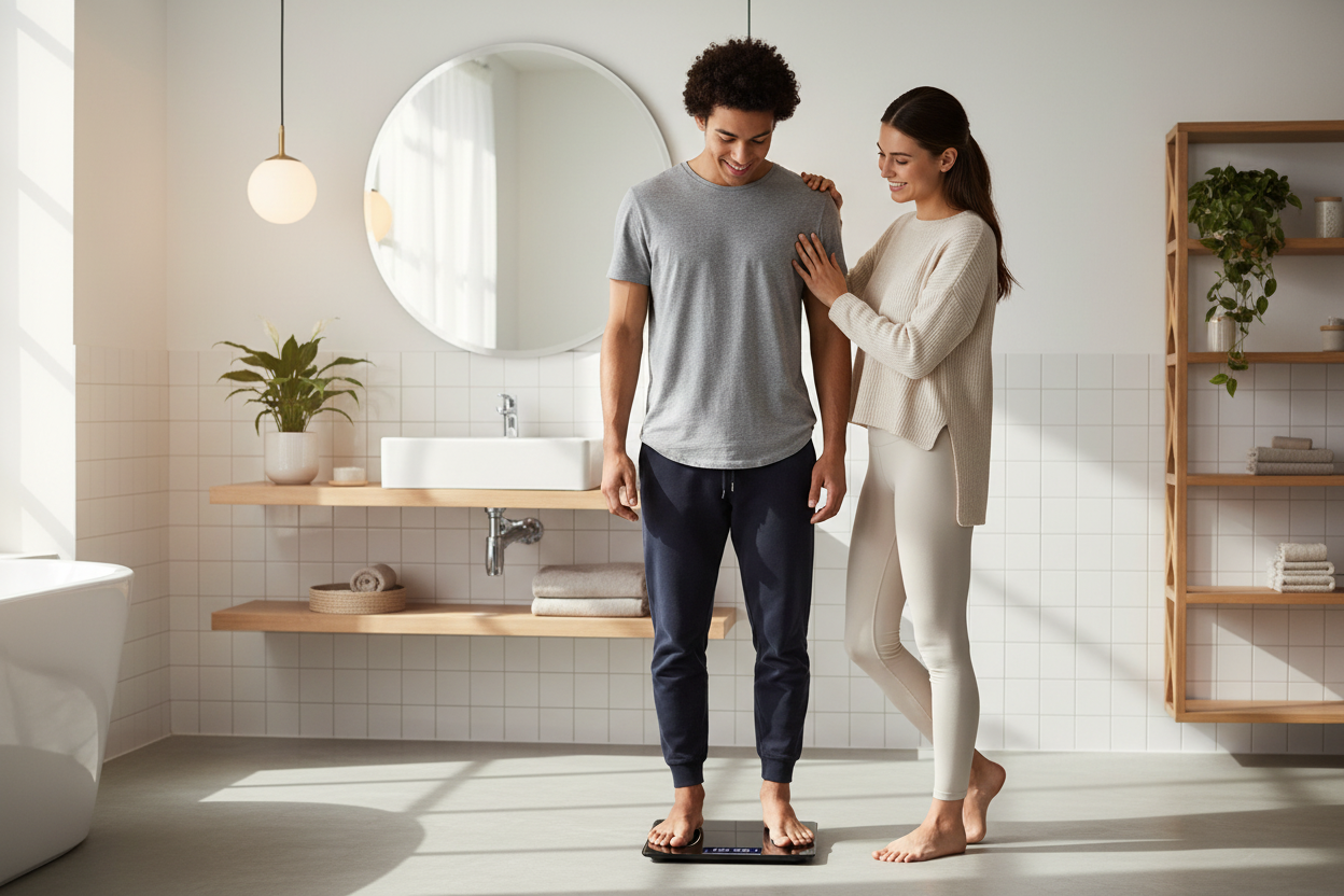 Couple checking weight together