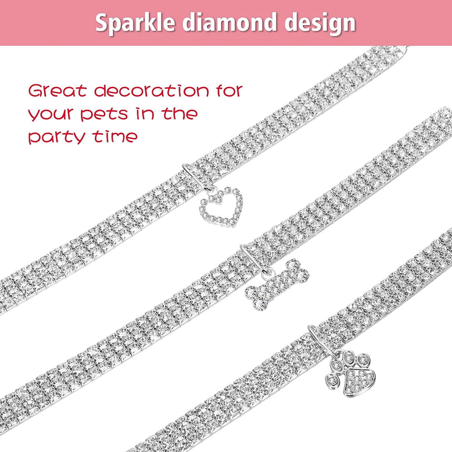 3 Pieces Bling Rhinestones Pet Collars for Small Pet Cat Dogs Puppy (White)
