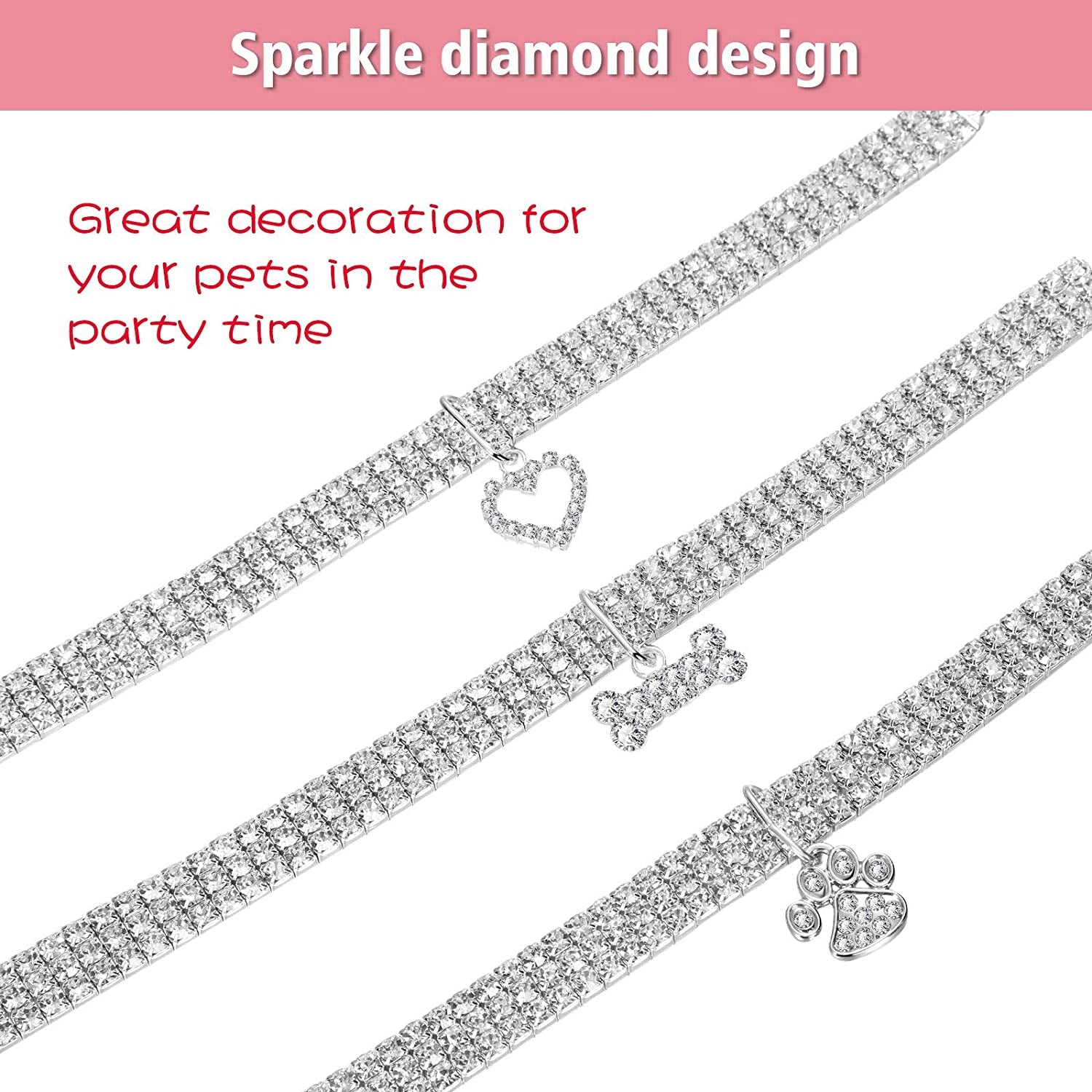 3 Pieces Bling Rhinestones Pet Collars for Small Pet Cat Dogs Puppy (White)