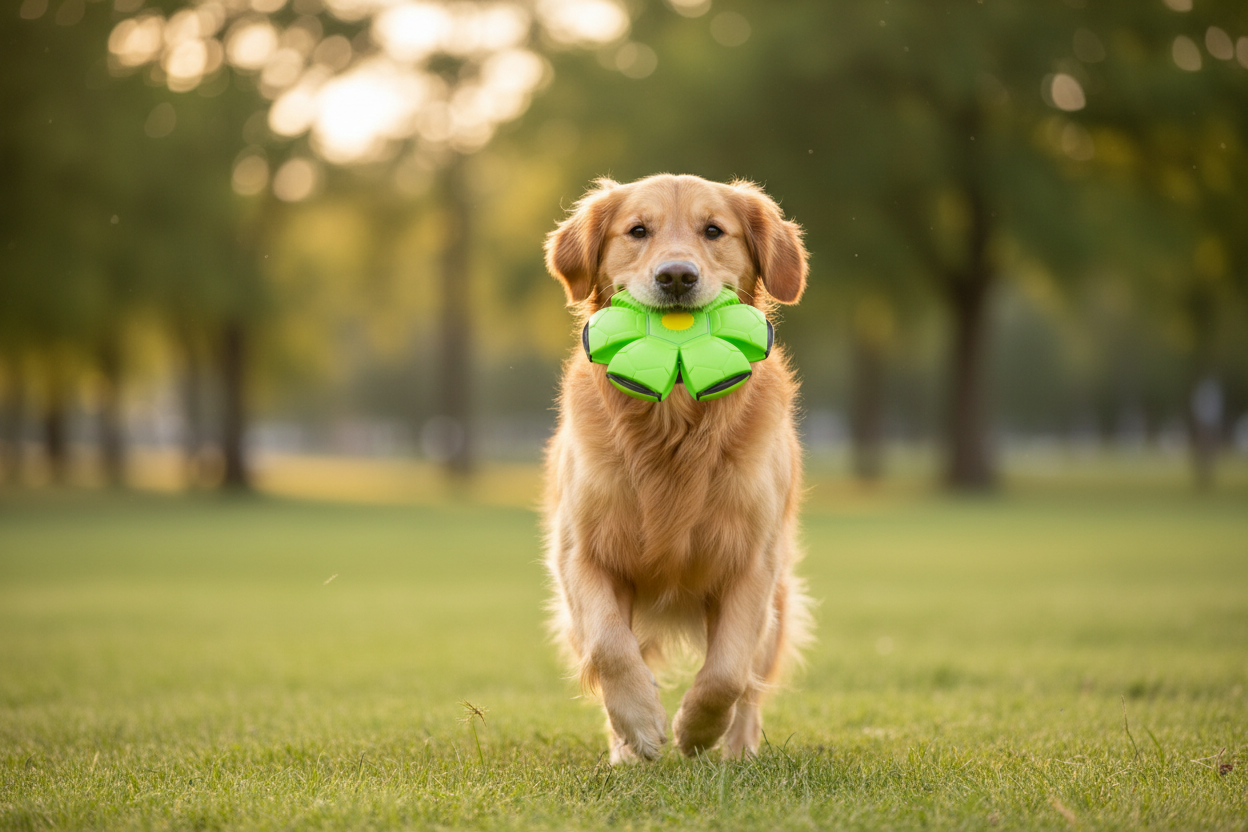 Dog with green flying disc