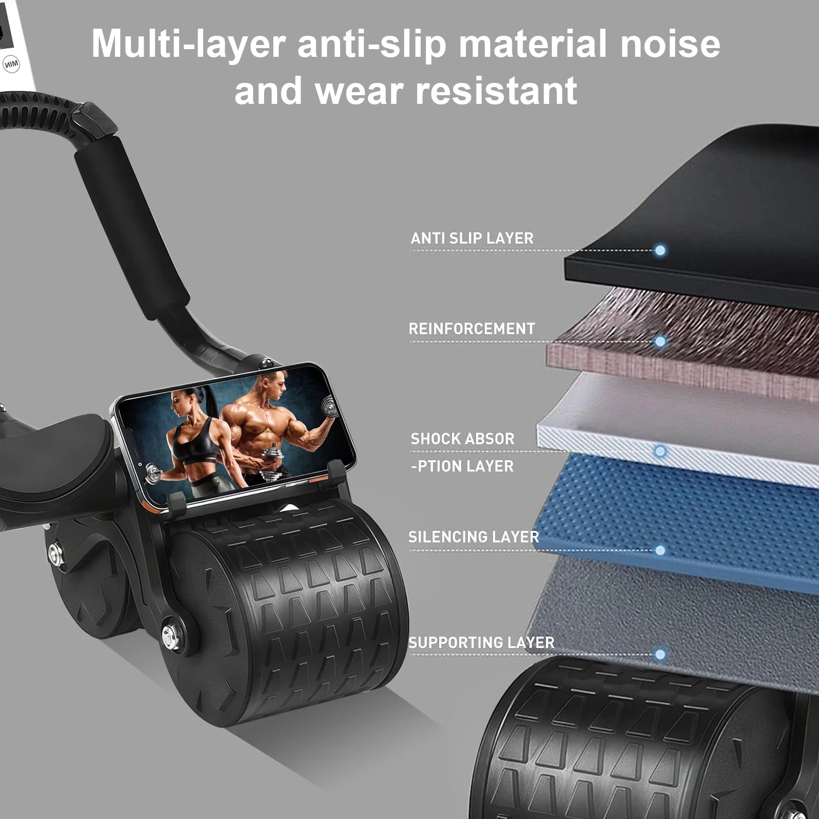 2025 New with timer Ab Abdominal Exercise Roller Elbow Support, abs roller wheel core exercise equipment, Automatic Rebound Abdominal Wheel(Black）