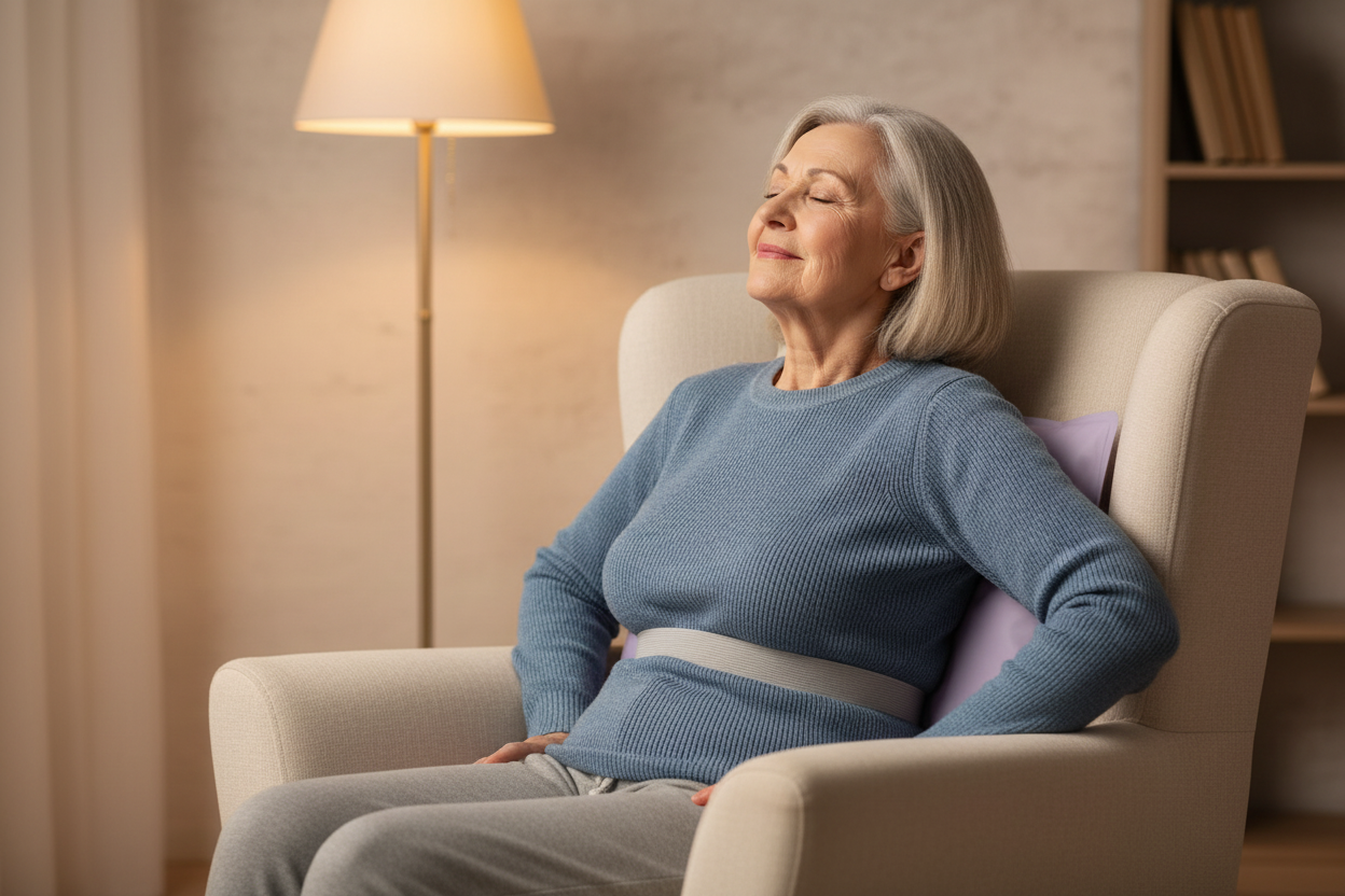 Elderly woman using oversized gel ice pack