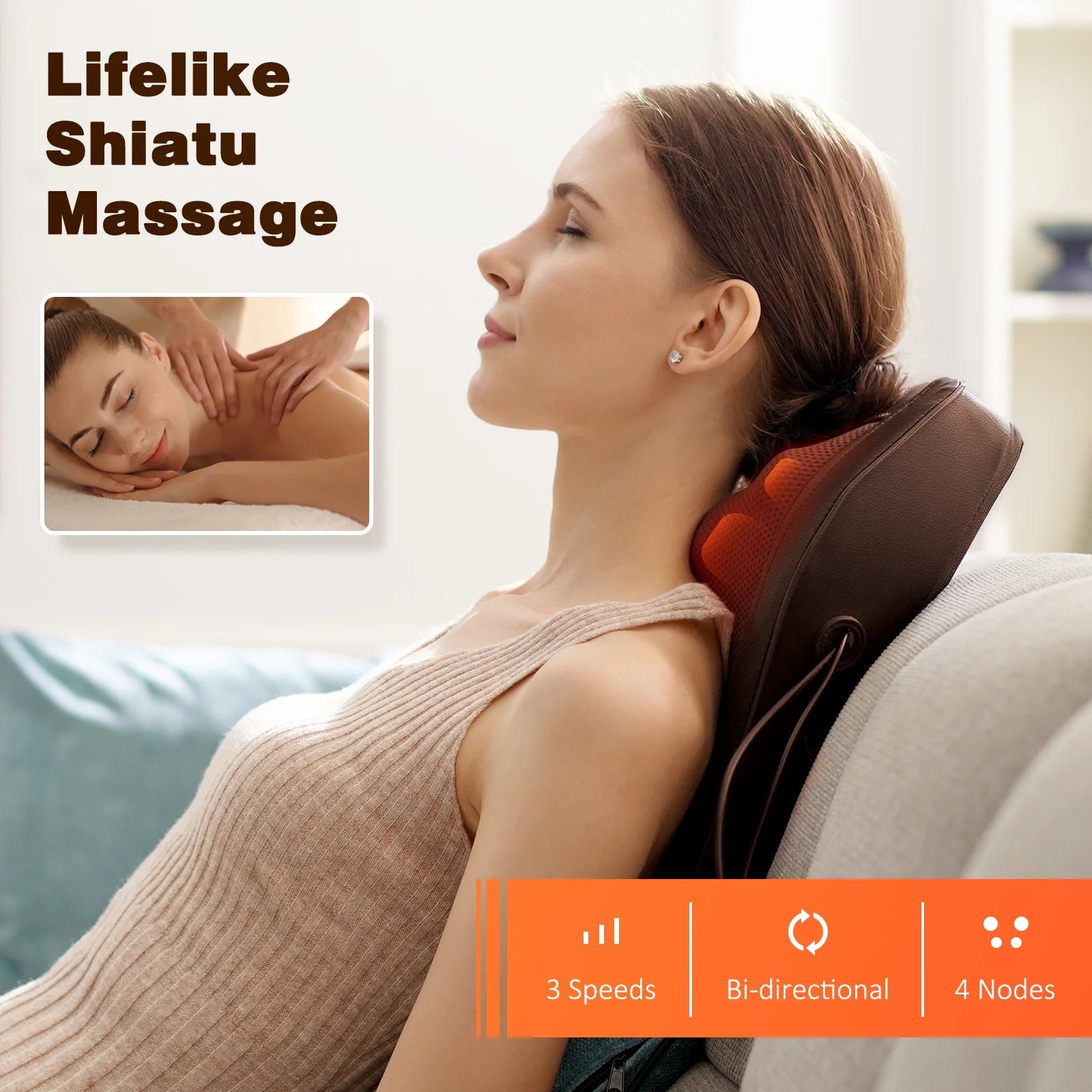 Neck & Back Massager with Heat, 3D Deep-Kneading Shiatsu Pillow, Brown 