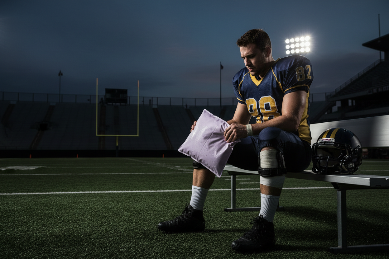 Football player using gel ice pack on knee