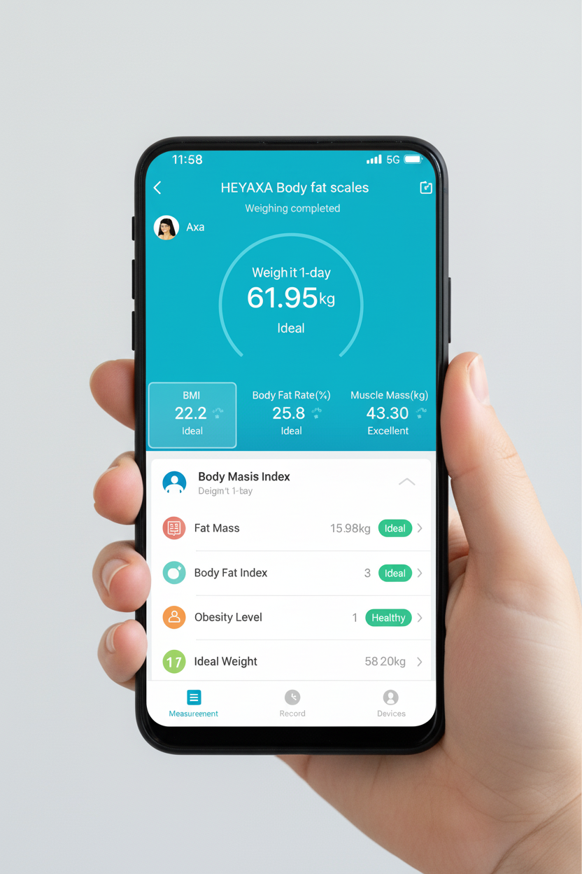 Hand holding phone with HEYAXA app