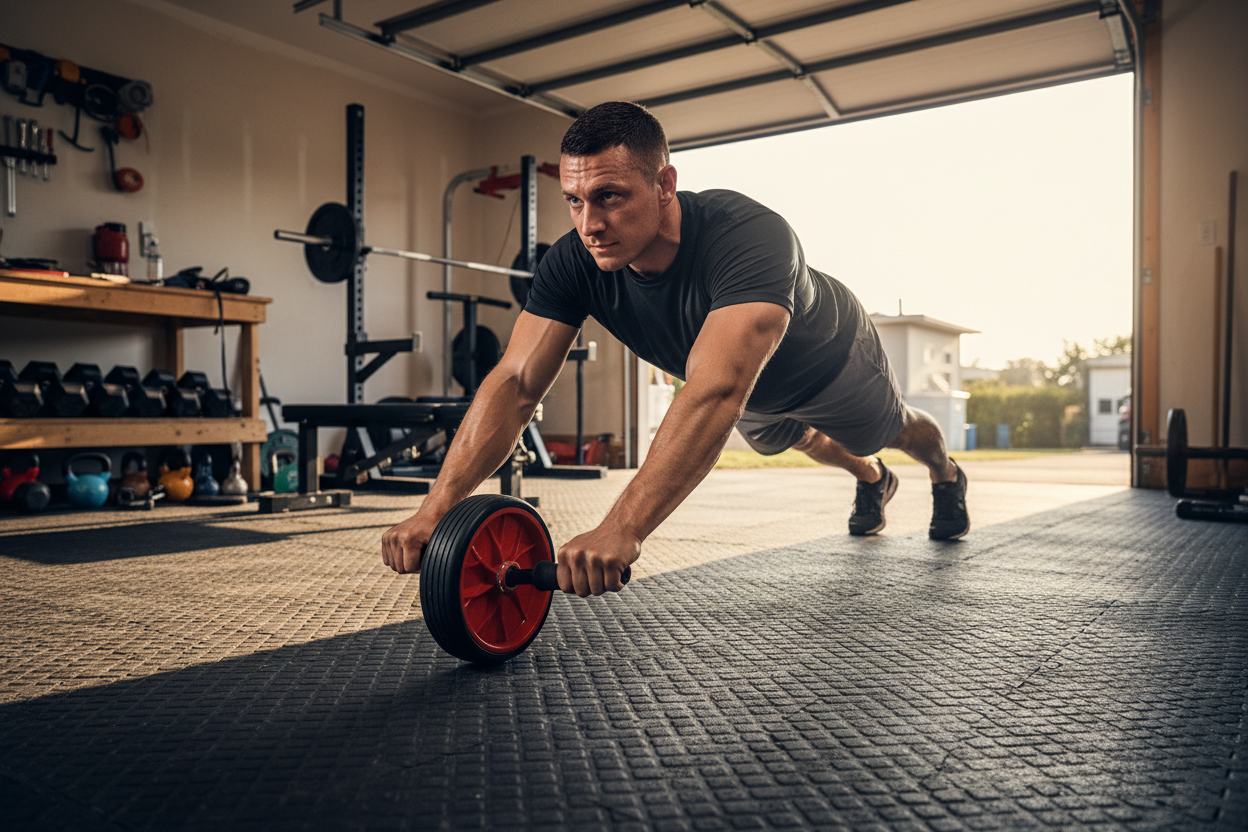 Man Using Ab Wheel in Garage Gym