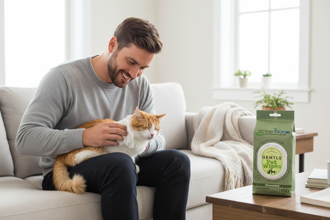 Man using Greenbone Pet Wipes on a cat