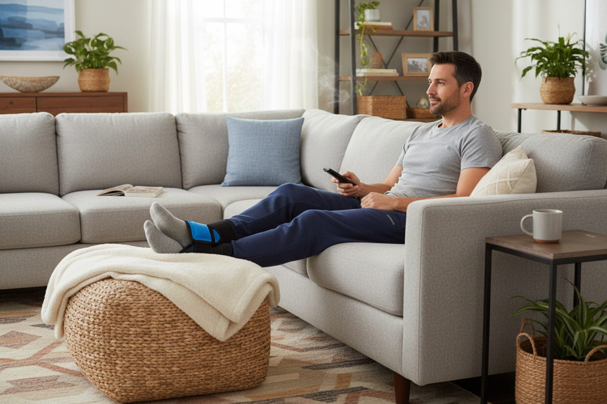 Man using NatraCure Ice Pack at home