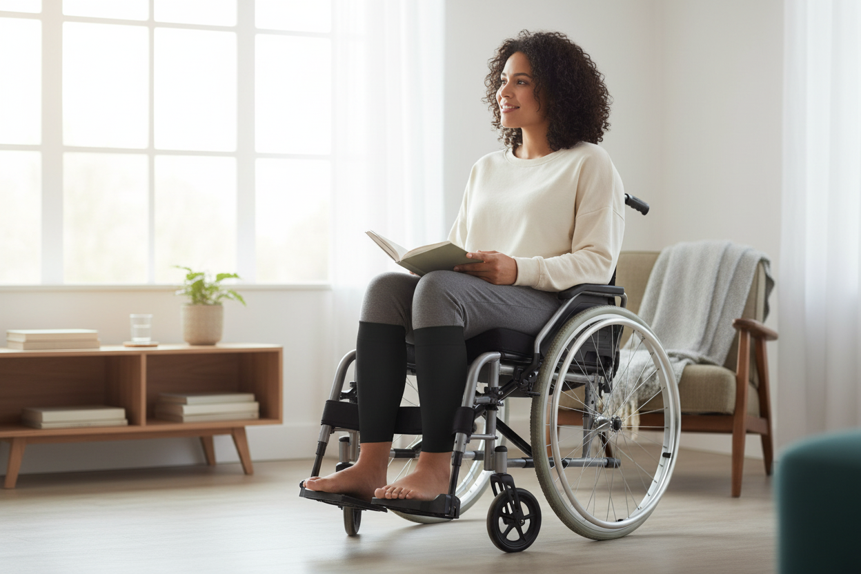 Person in wheelchair wearing compression sleeves