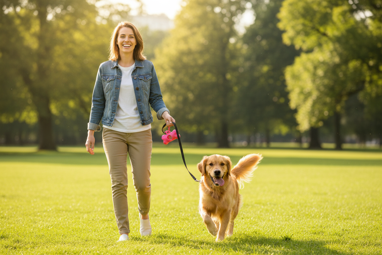 Person walking dog with smaller dispenser