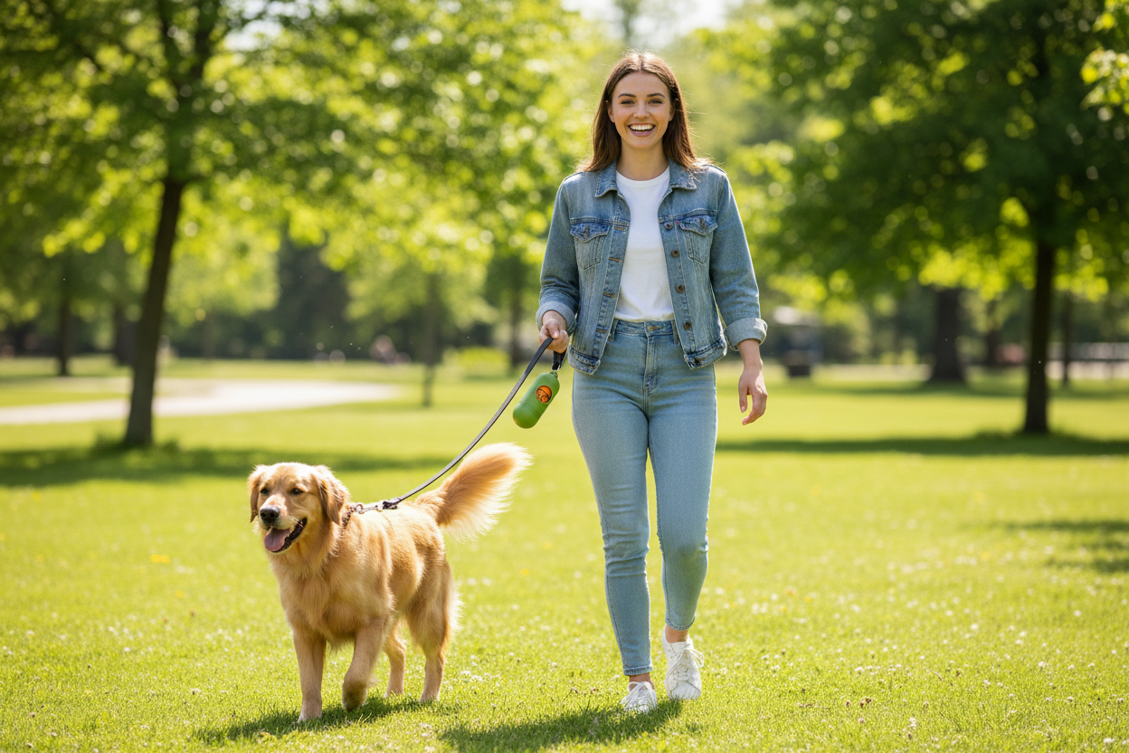 Person walking dog with Watreeco dispenser