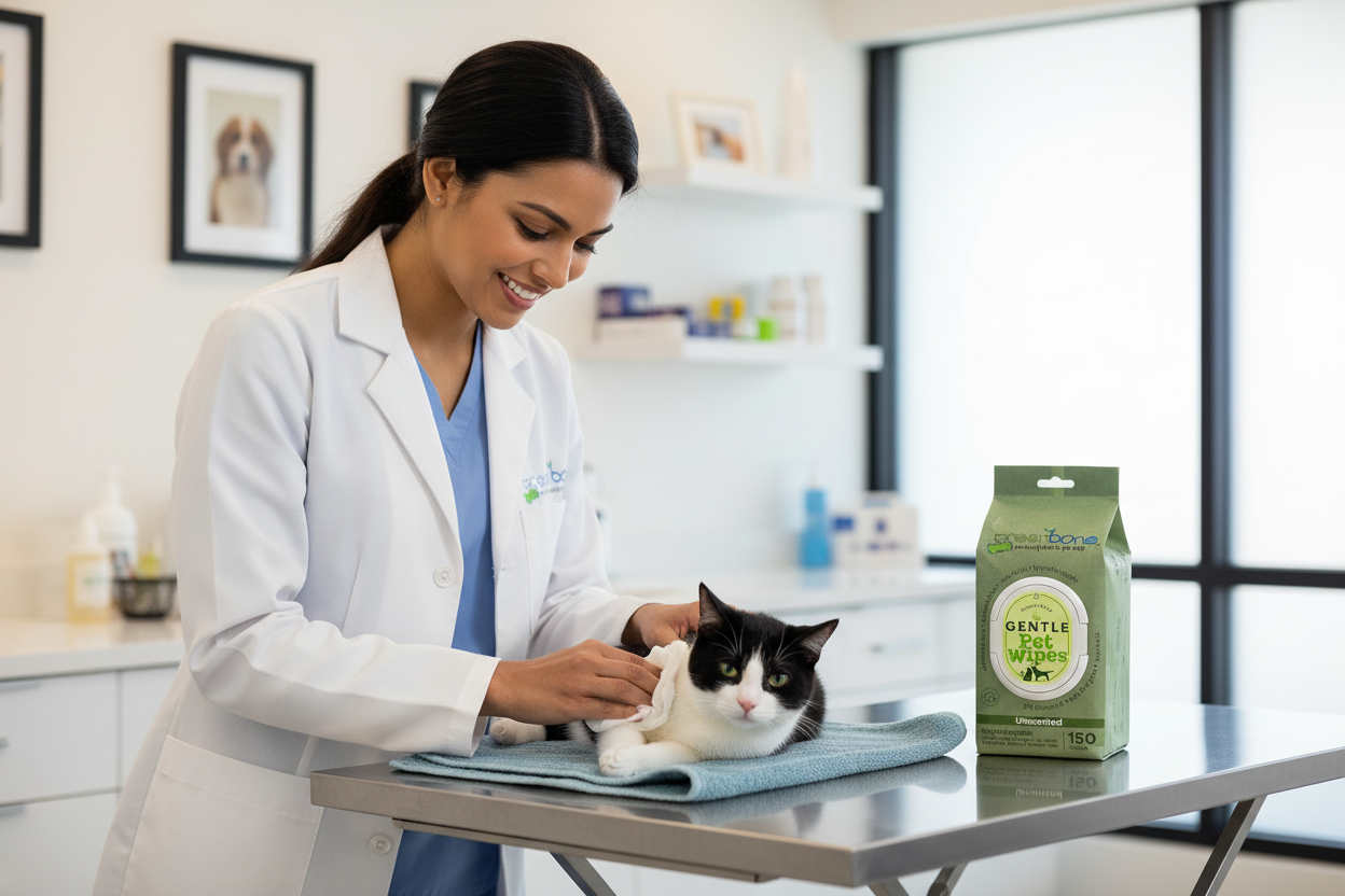 Veterinarian using Greenbone Pet Wipes on a cat