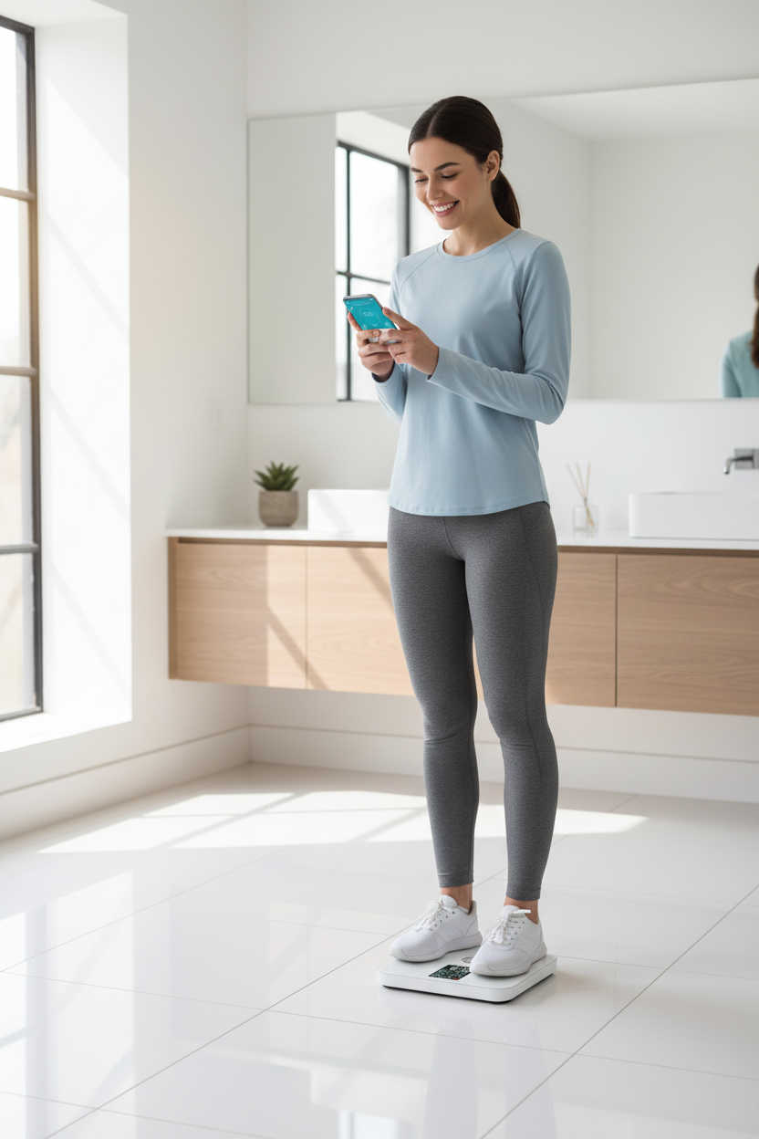 Woman checking scale results on phone