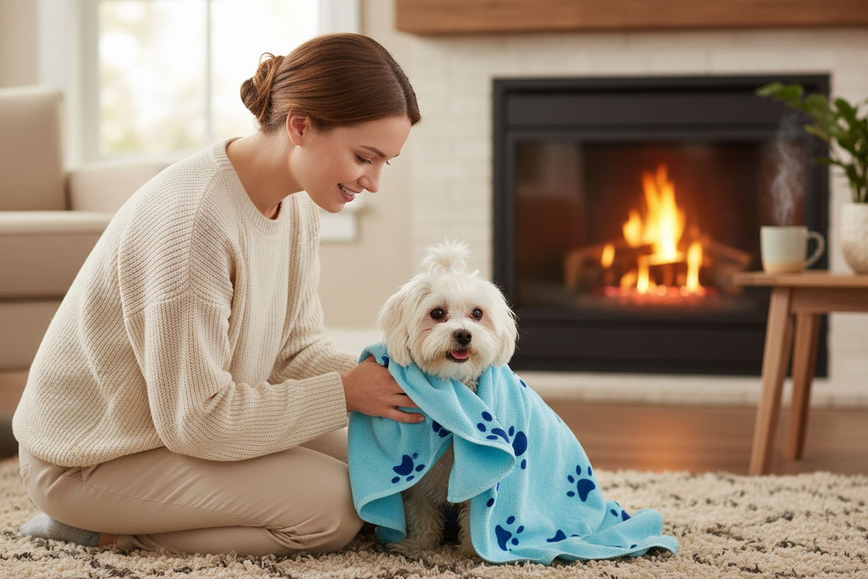Woman drying dog with pet towel
