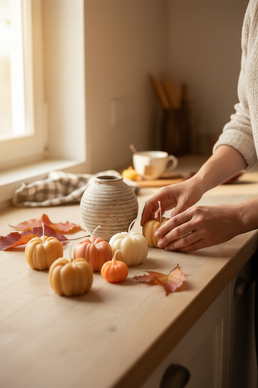 Woman Placing Pumpkin Candles on Kitchen Counter
