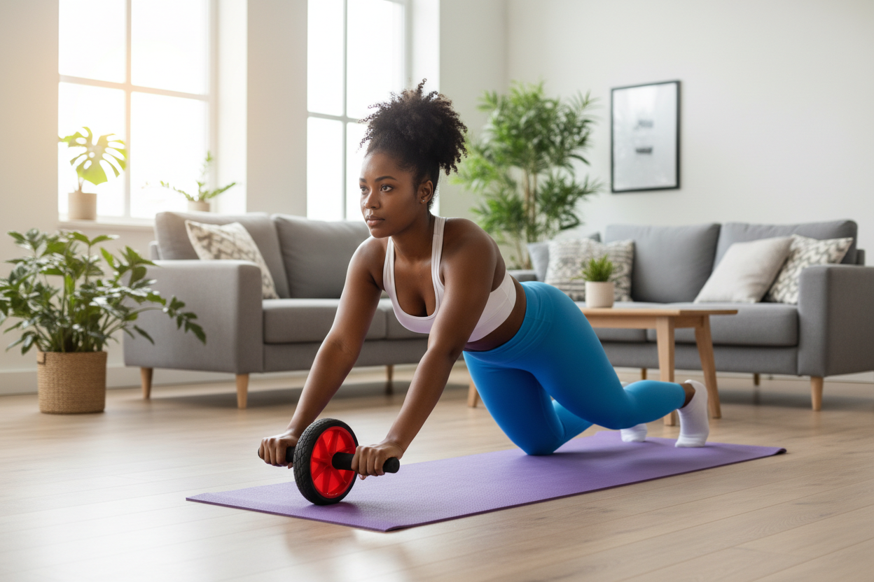 Woman Using Ab Wheel in Living Room