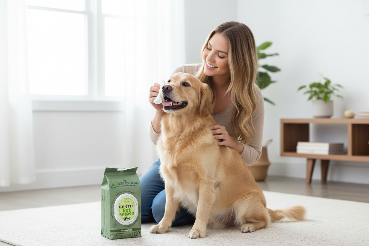 Woman using Greenbone Pet Wipes on a dog